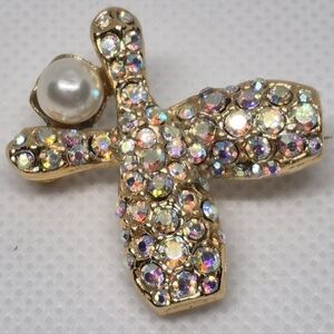 VINTAGE Bowling Pins and Ball Brooch Aurora Borealis Rhinestones and Faux Pearl